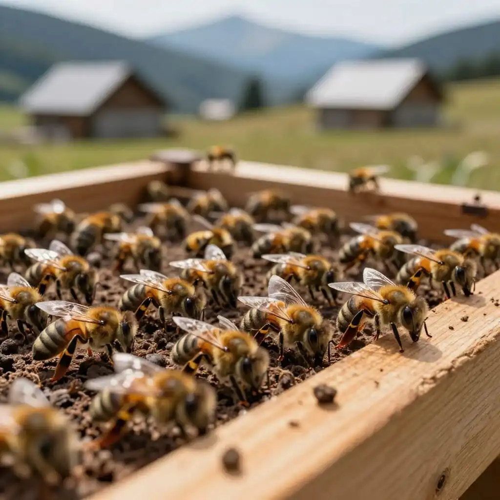 Vue rapprochée d’une ruche avec larves d’abeilles infectées par la loque européenne dans le Jura