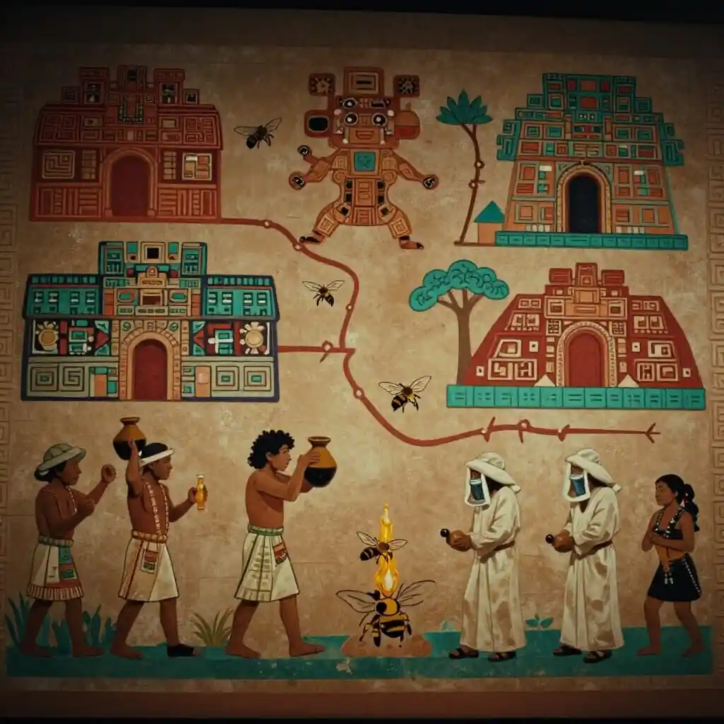 Illustration des échanges régionaux de miel chez les Zapotèques et Mixtèques, montrant marchands, apiculteurs et transmission des savoirs apicoles en Mésoamérique