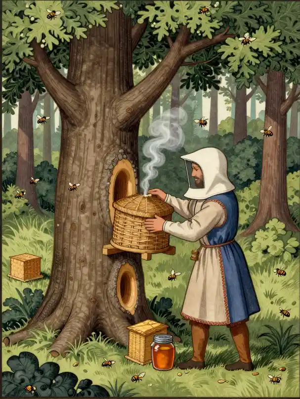 Illustration médiévale d’un Zeidler allemand, récoltant du miel et de la cire dans des troncs creusés et des skeps en forêt, abeilles volant autour, 