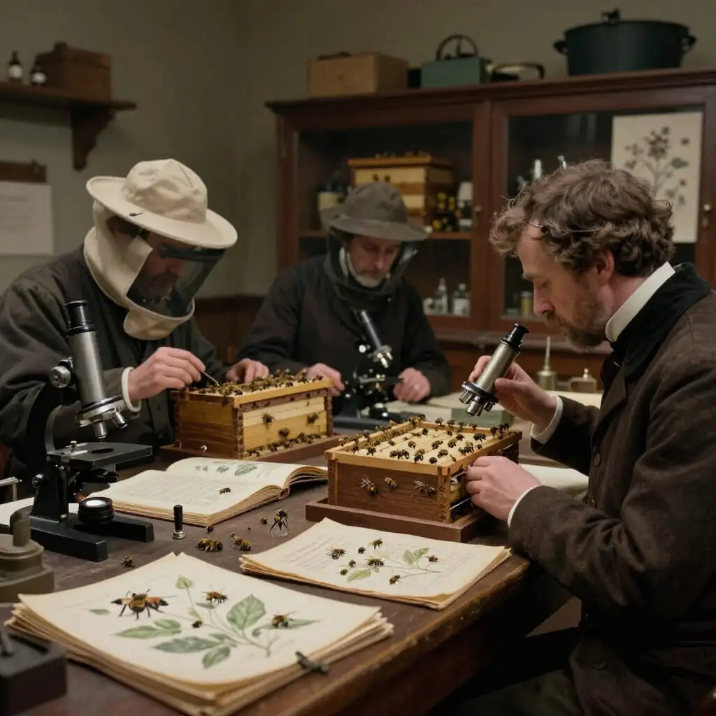 Cabinet de sciences naturelles au XIXᵉ siècle avec des naturalistes observant des abeilles dans des ruches, entourés de livres, illustrations botaniques et instruments scientifiques, illustrant l’essor de l’observation méthodique et la transformation des abeilles en objet d’étude scientifique.