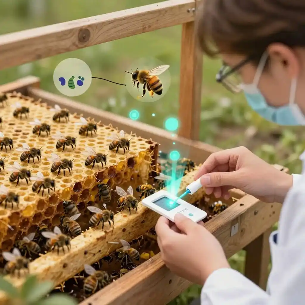 Schéma pédagogique illustrant les innovations dans la lutte contre les parasites des abeilles : VSH, phéromones, microbiote et tests rapides.