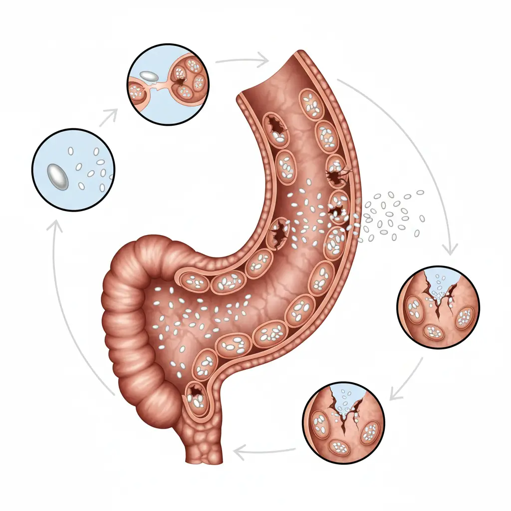 Macro schéma scientifique de l’intestin d’une abeille infestée par Nosema apis et Nosema ceranae, montrant les spores microsporidiennes à l’intérieur des cellules intestinales.