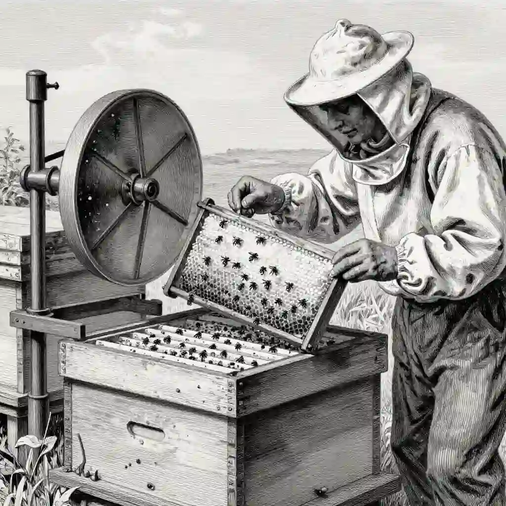 Gravure historique montrant un apiculteur du XIXᵉ siècle récoltant du miel dans une ruche à cadres mobiles sans détruire les rayons, avec un extracteur centrifuge et des abeilles actives, illustrant la récolte scientifique et non destructive.