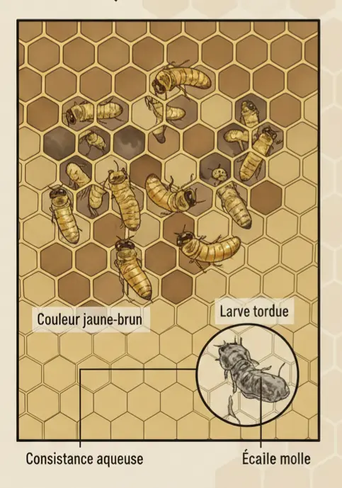 symptômes de la loque et européenne chez les larves d'abeilles