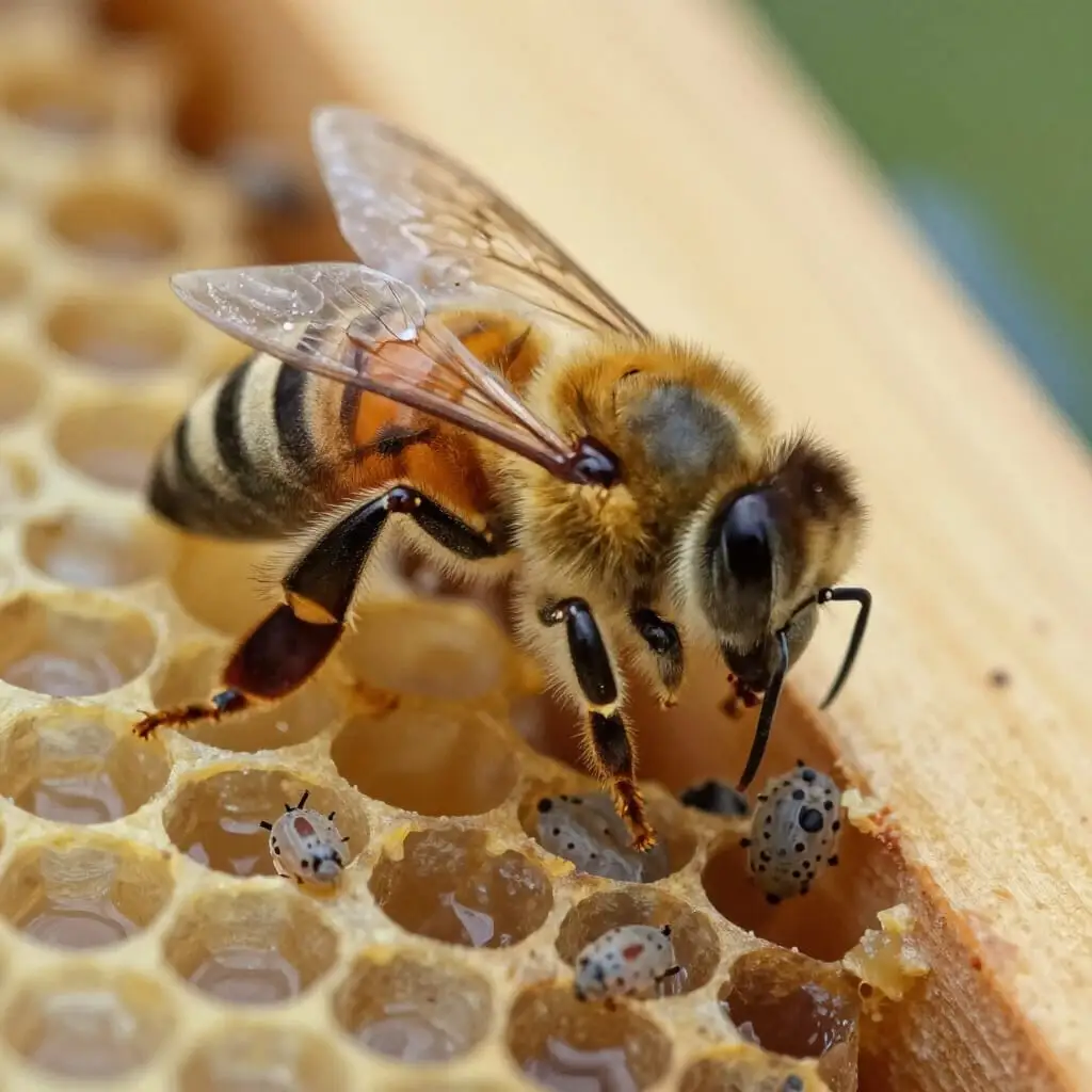 Abeille VSH détectant le varroa sur un cadre de ruche