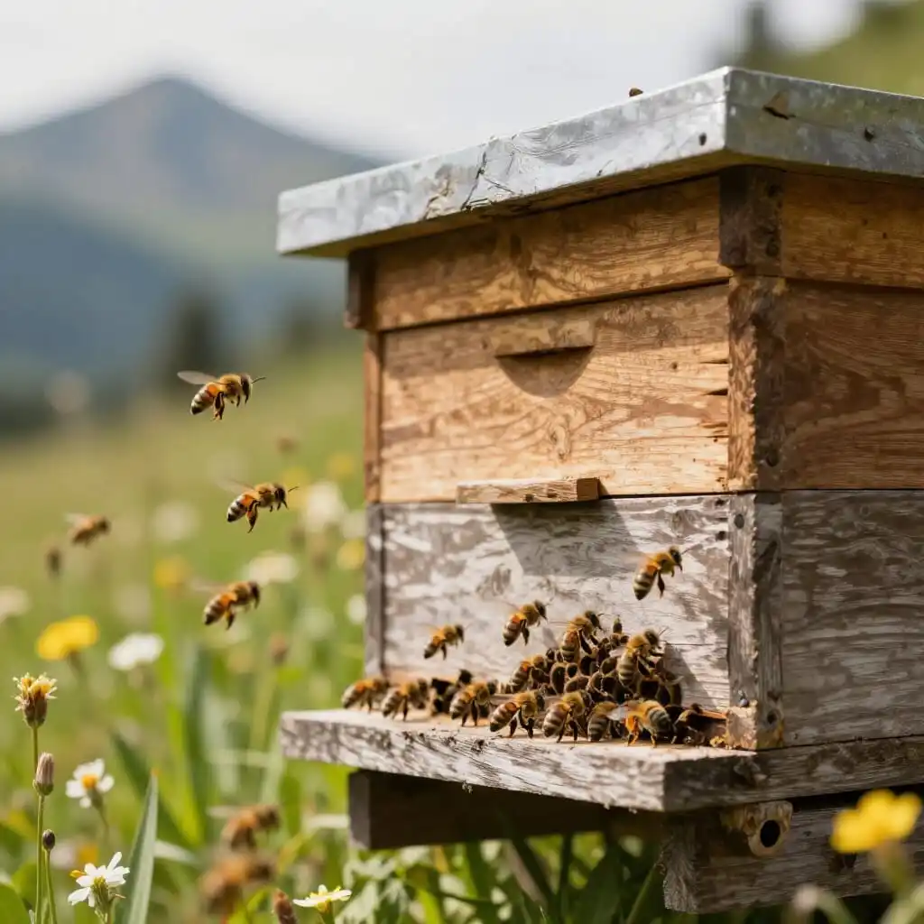 Abeilles saines butinant dans une ruche du Jura, symbole de résistance naturelle au varroa.