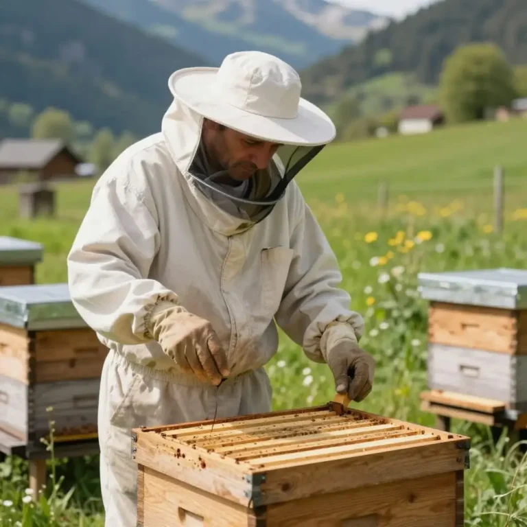 Apiculteur inspectant une ruche pour éviter la propagation des maladies en rucher