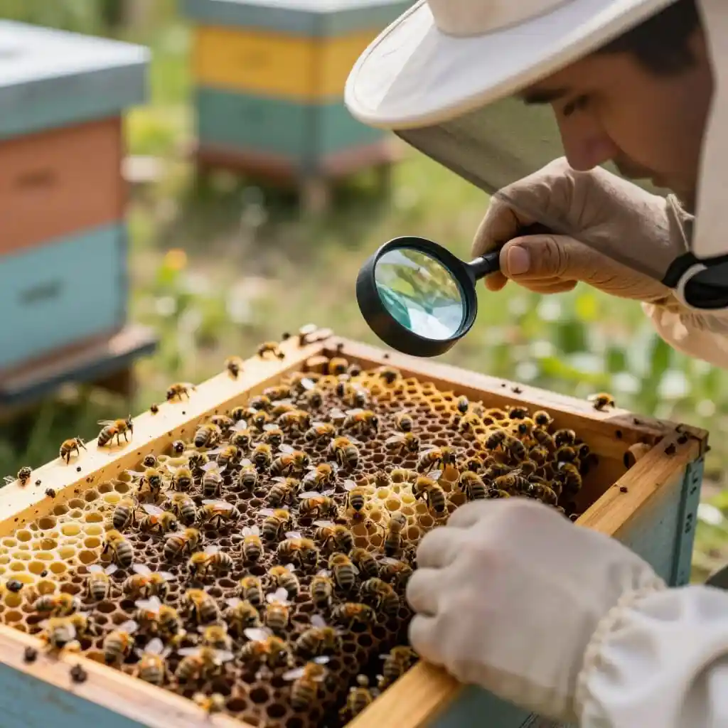 Apiculteur inspectant attentivement le couvain et les abeilles pour détecter précocement maladies et parasites