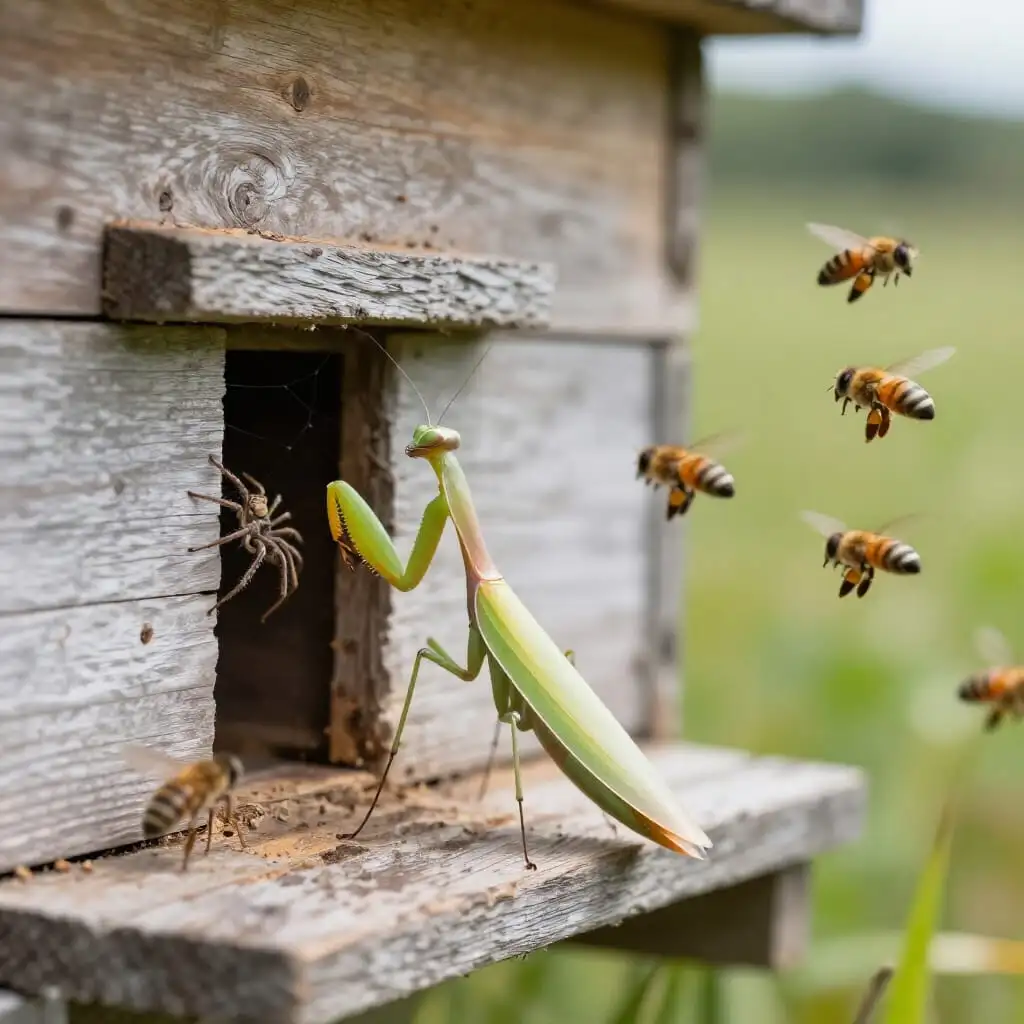 Araignées et mantes religieuses à proximité d’une ruche avec des abeilles en vol