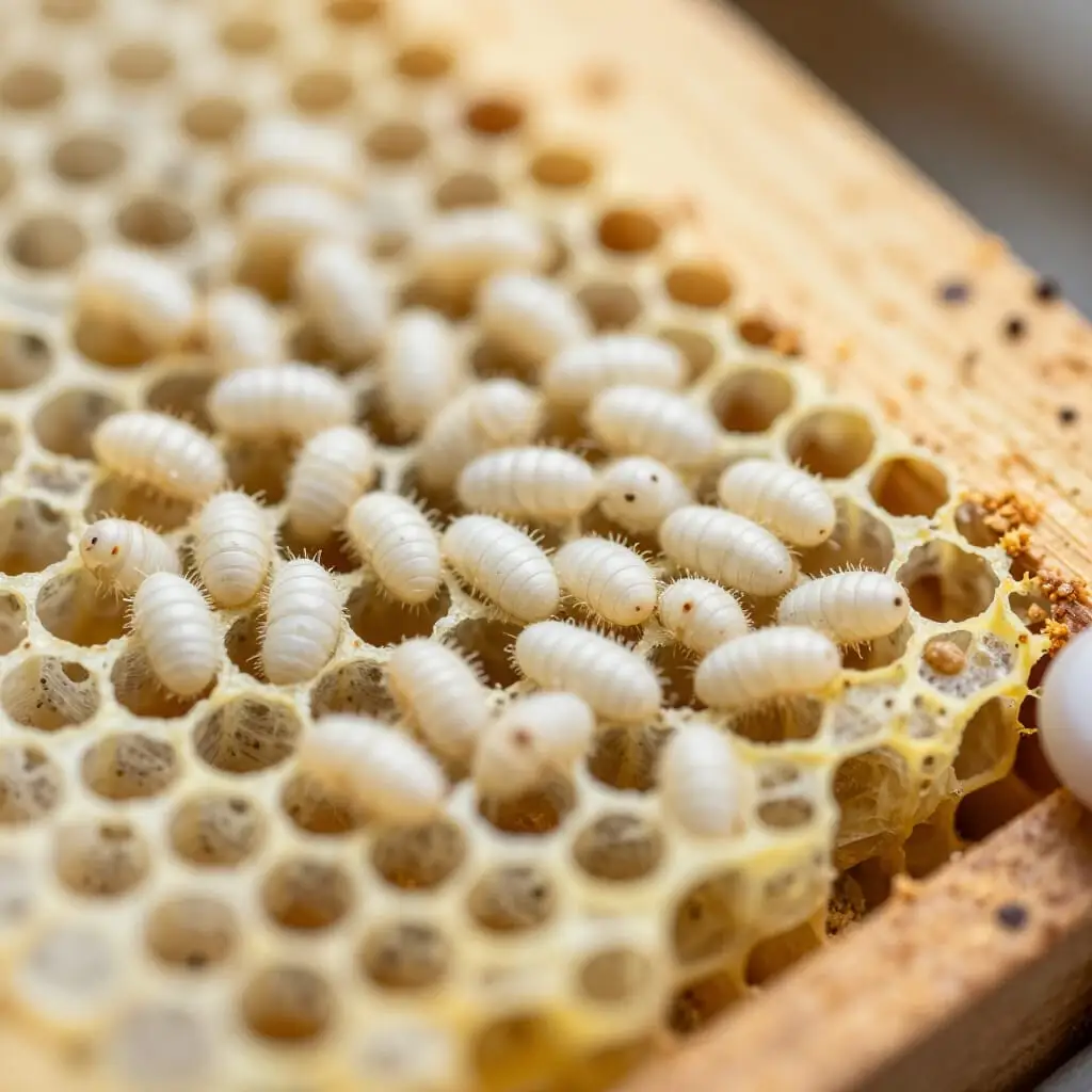 Cellules de couvain présentant des larves momifiées caractéristiques de la mycose du couvain