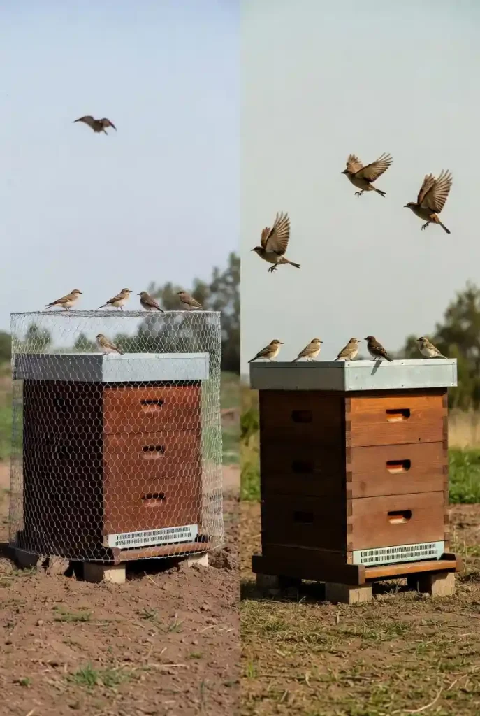 Comparatif visuel d’une ruche protégée et d’une ruche non protégée face aux oiseaux