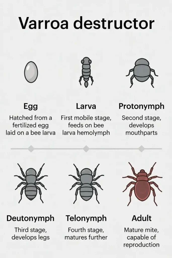 Cycle de vie du Varroa destructor dans la ruche