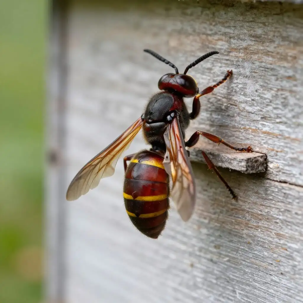 Frelon oriental (Vespa orientalis) près d’une ruche – prédateur secondaire des abeilles