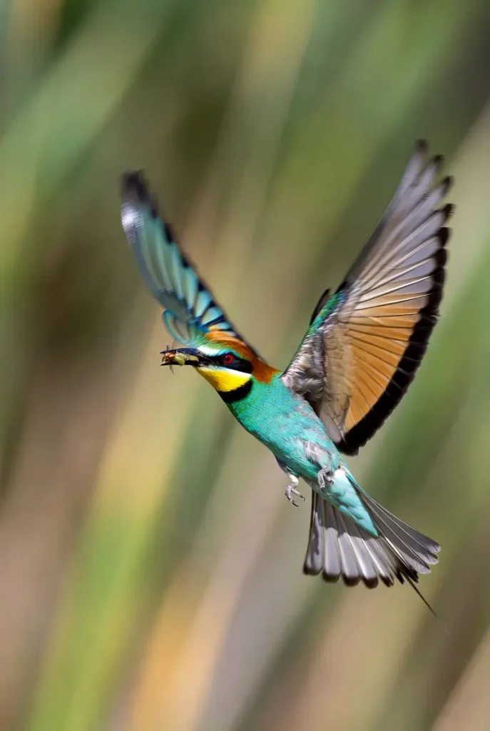 Guêpier d'Europe en plein vol, un insecte dans le bec