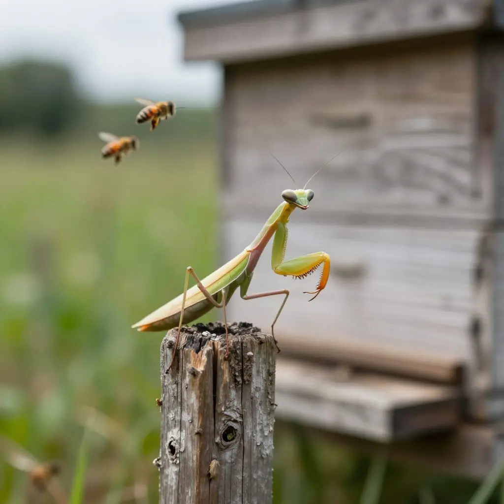 Mante religieuse en position d’affût près d’une ruche sans représenter une menace réelle pour les abeilles