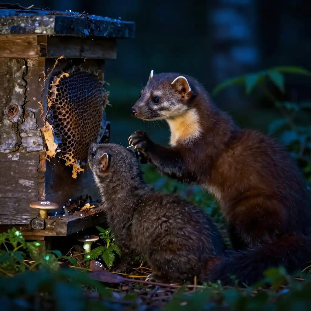 Martre et fouine inspectant une ruche dans le Jura
