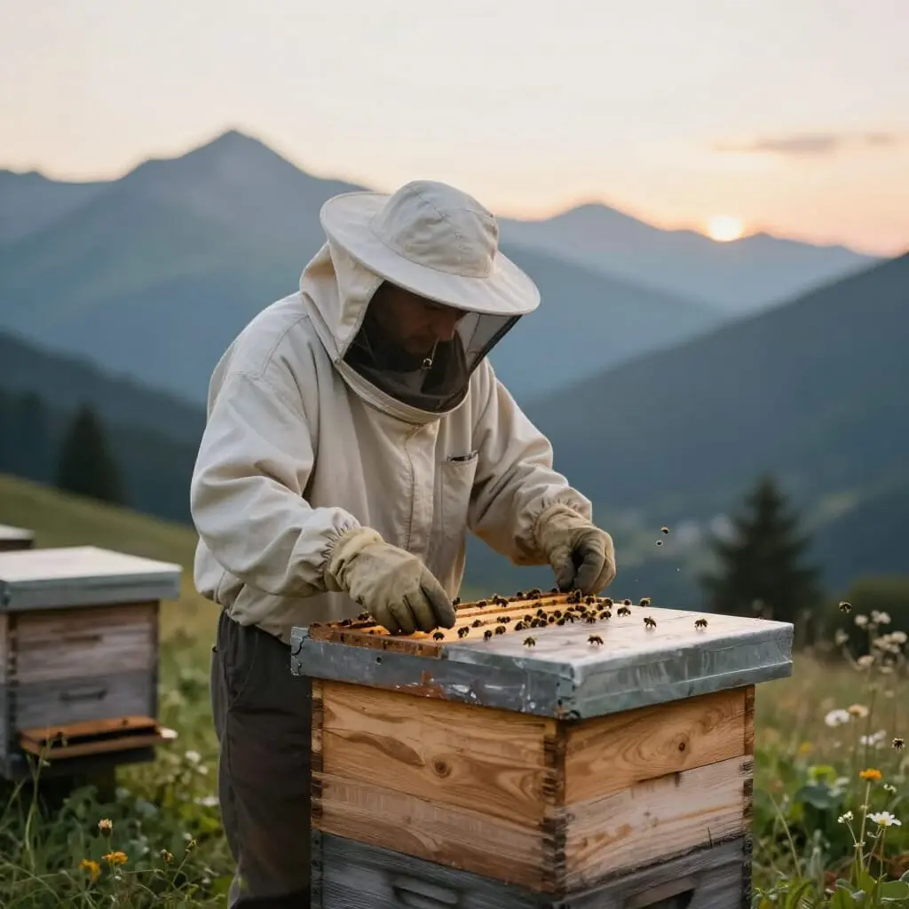 Nourrissement des abeilles par un apiculteur dans le Jura