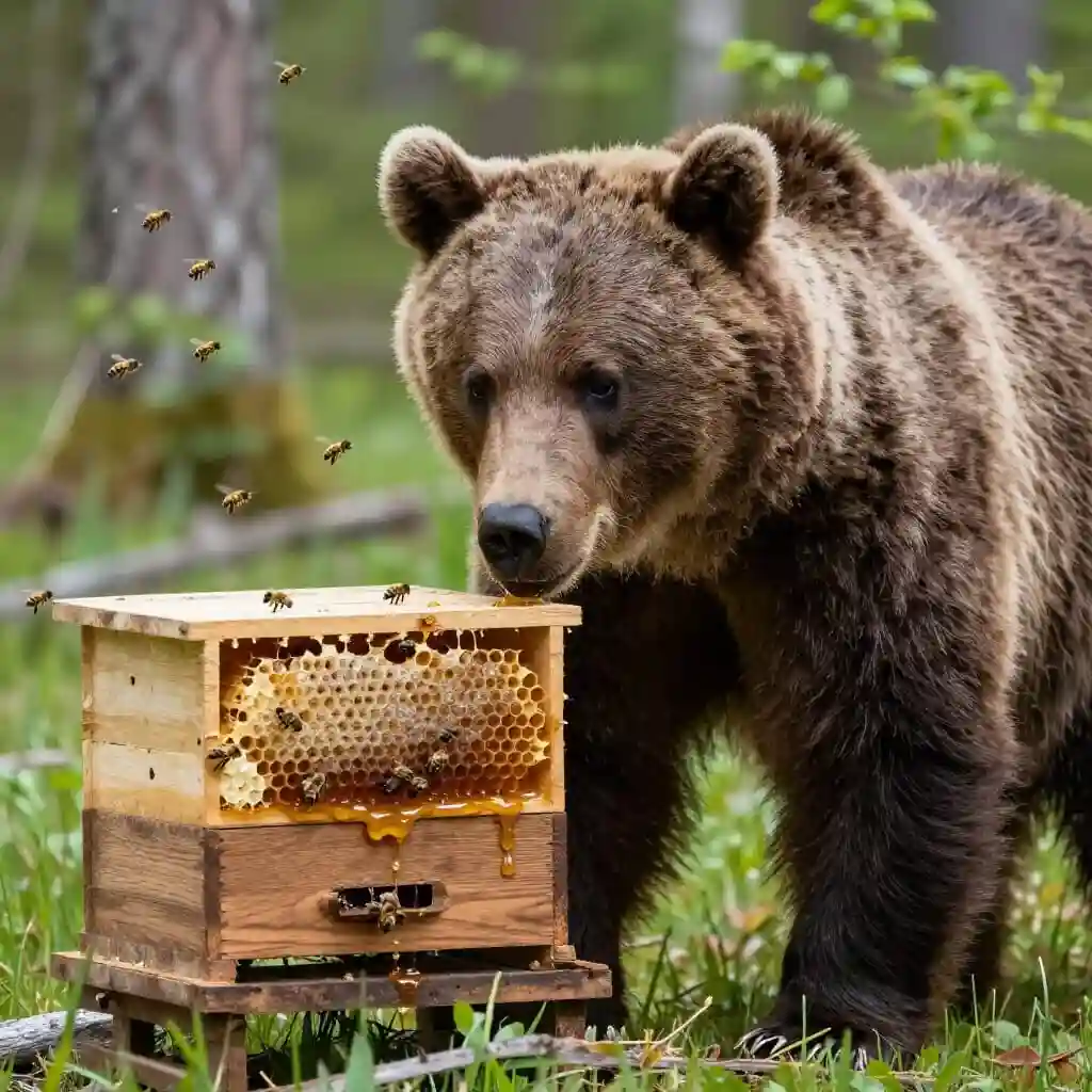 Ours attiré par le miel et le couvain d’une ruche au printemps