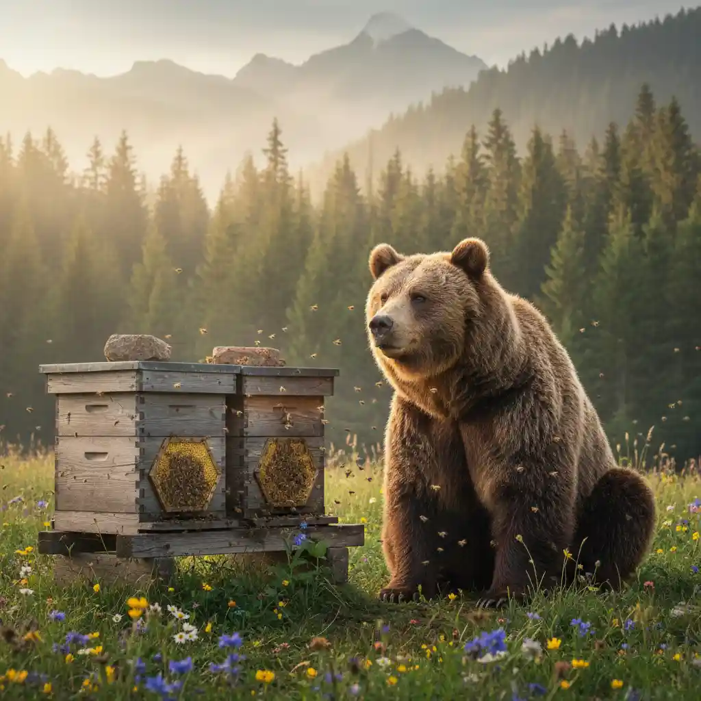 Ours brun observant des ruches dans les Pyrénées sans les attaquer