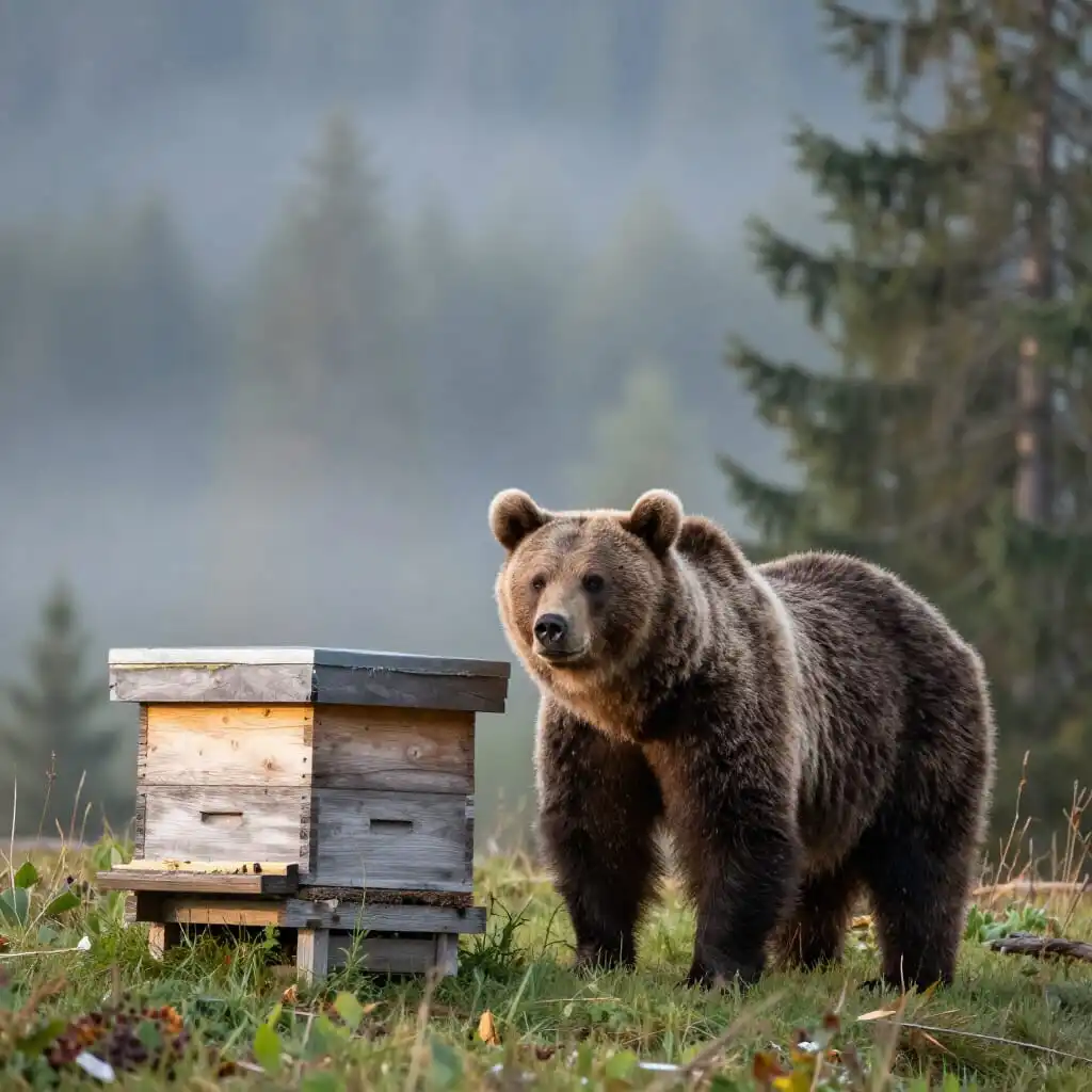 Ours brun observant des ruches en montagne