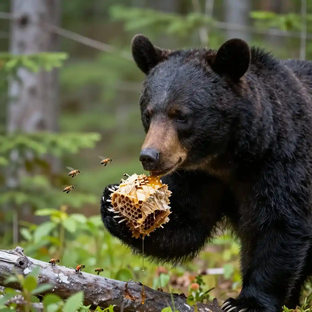 Ours noir au Québec observant un rucher