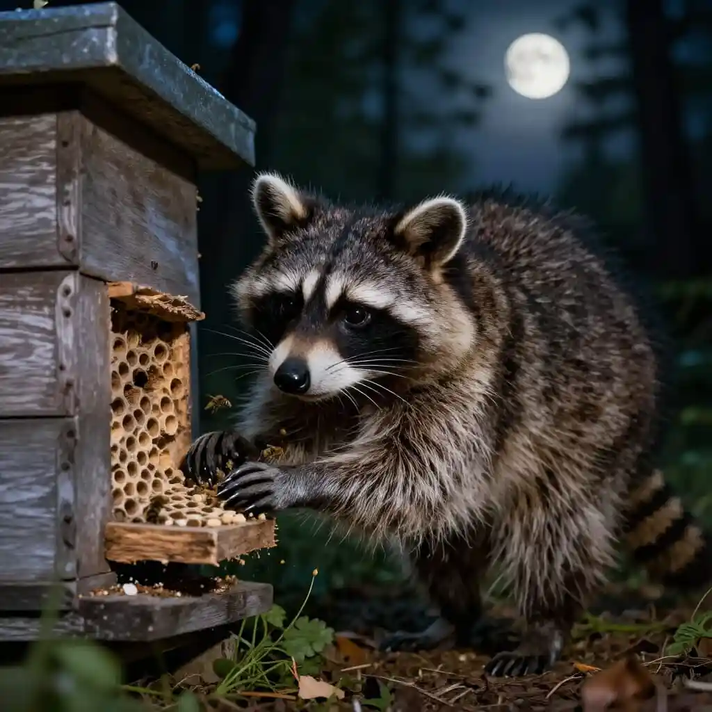 Raton laveur ouvrant une ruche la nuit dans une forêt du Jura