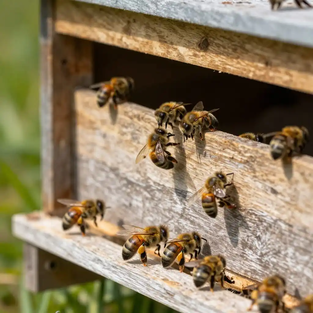 Ruche en activité dans le Jura avec des abeilles au printemps