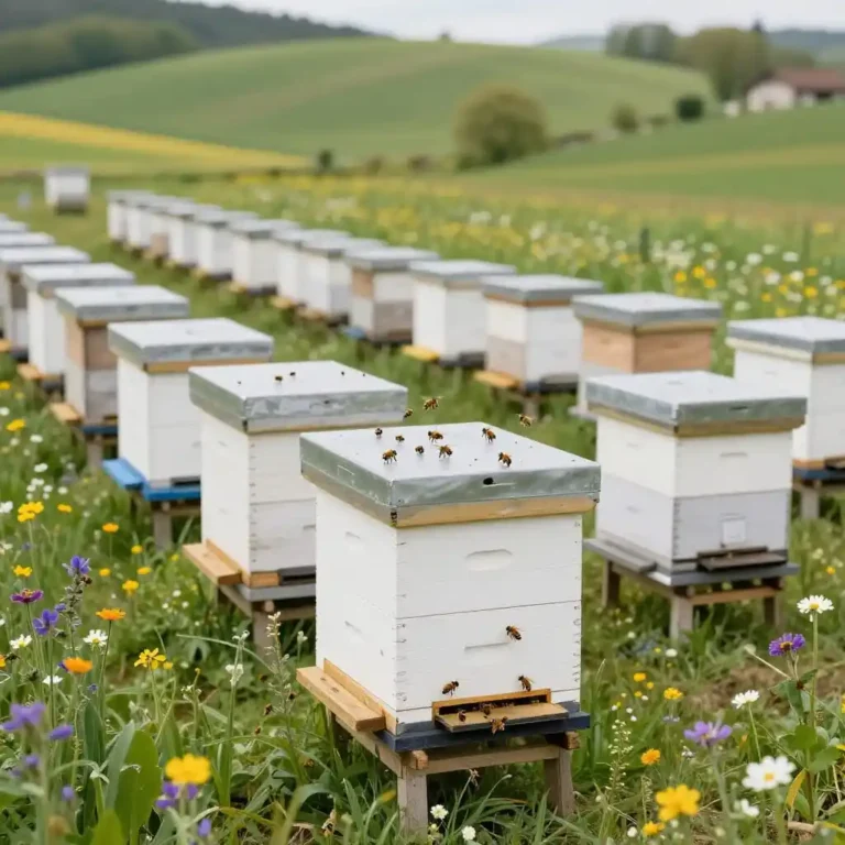 Rucher propre dans le Jura avec ruches bien entretenues et abeilles en santé