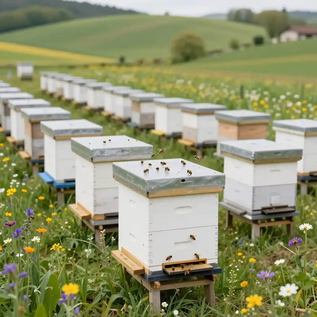 Rucher propre dans le Jura avec ruches bien entretenues et abeilles en santé