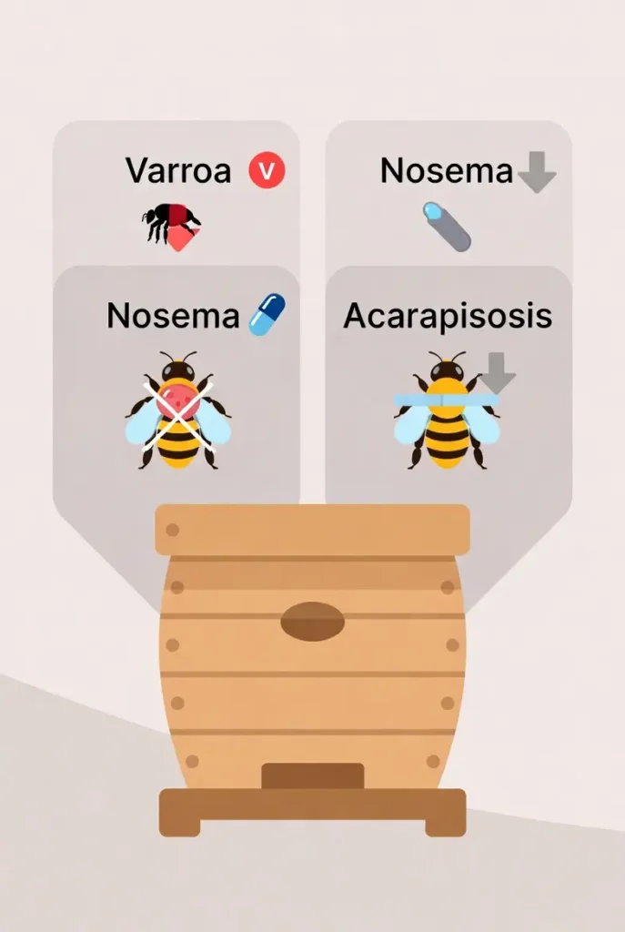 Schéma des principaux parasites et maladies des abeilles dans la ruche