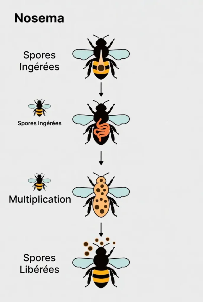 Schéma du cycle de contamination de la nosémose chez l’abeille