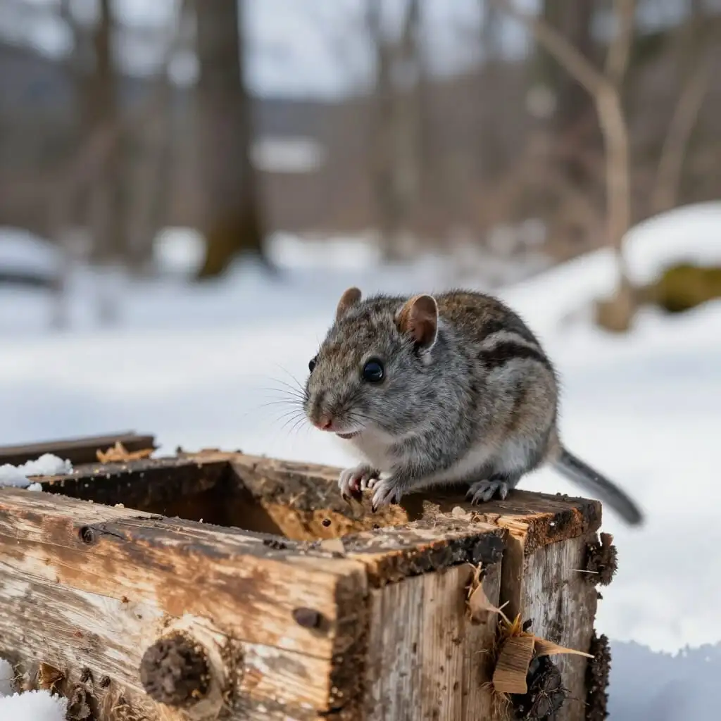 Souris près d’une ruche en hiver dans le Jura, illustrant la menace des rongeurs pour les abeilles