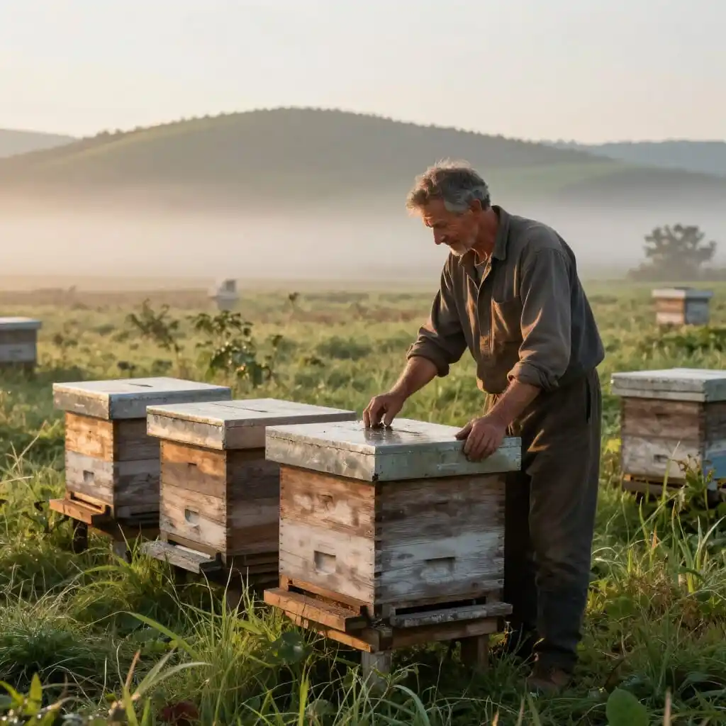 Surveillance des ruches par un apiculteur dans le Jura