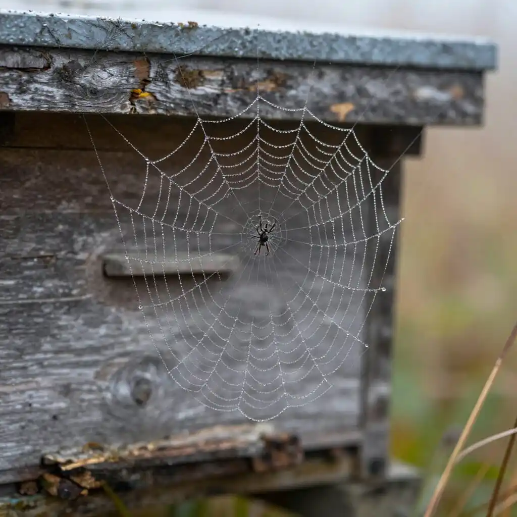 Toile d’araignée installée à proximité d’une ruche sans danger majeur pour les abeilles