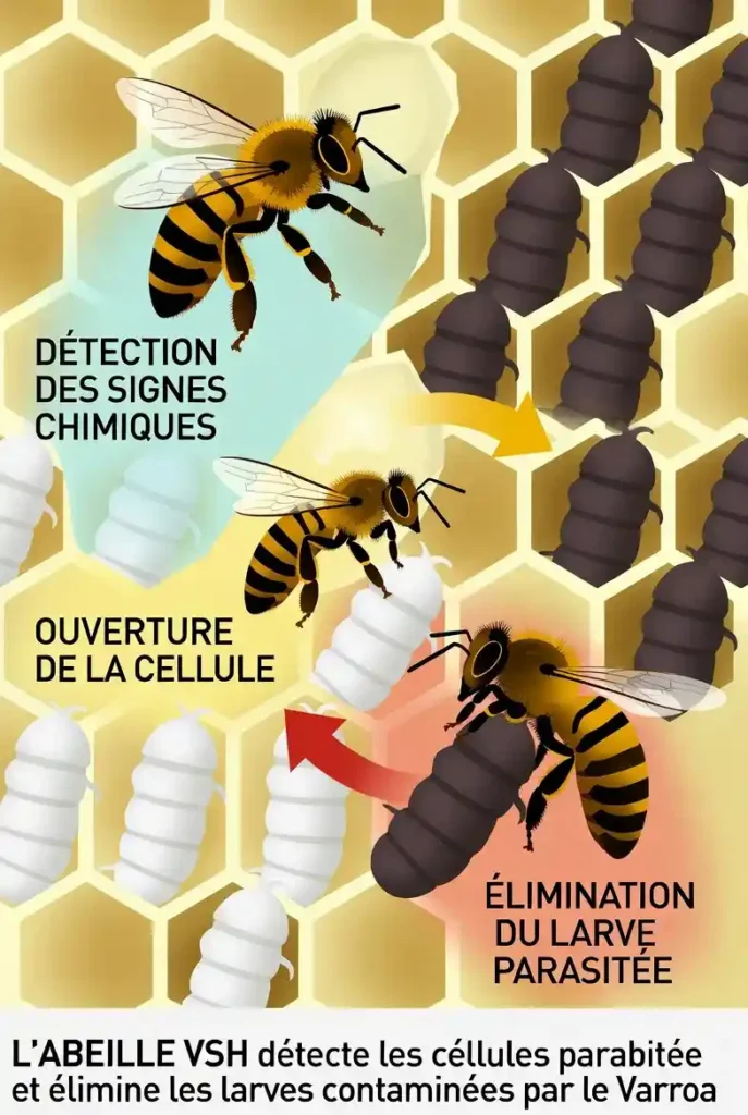 Schéma illustrant le comportement des abeilles VSH contre le varroa