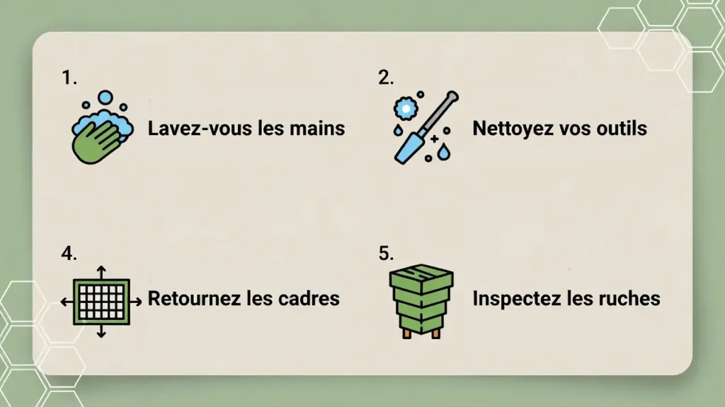 Infographie illustrant les étapes de l’hygiène au rucher pour les apiculteurs