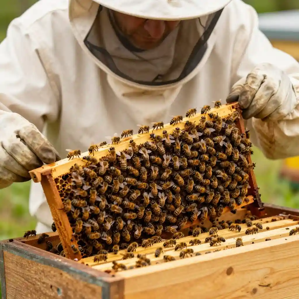 Apiculteur inspectant une ruche et appliquant des méthodes de lutte contre le Varroa destructor