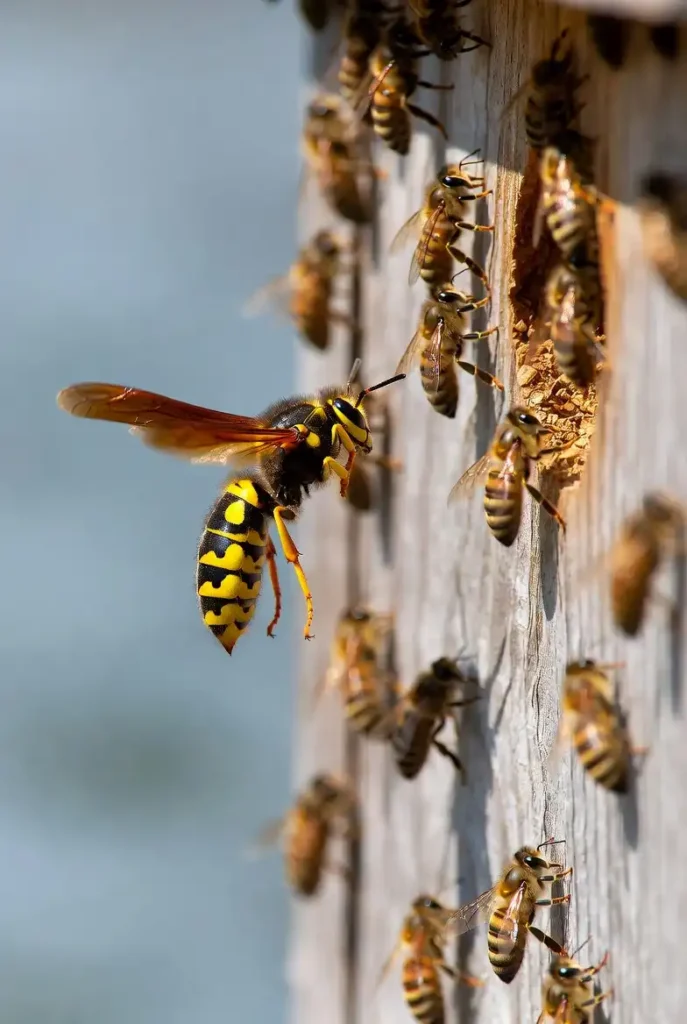 Frelon européen près d’une ruche d’abeilles