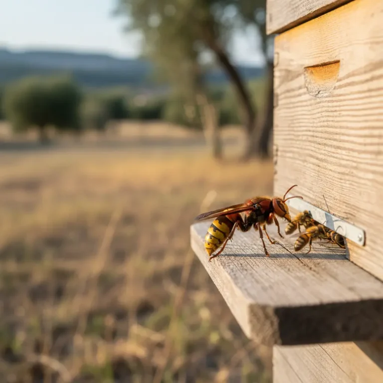Frelon oriental observé près d’une ruche d’abeilles en milieu rural