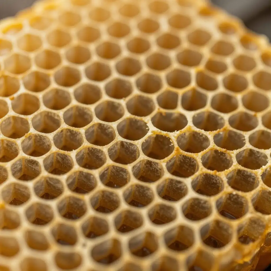 Gros plan sur des alvéoles hexagonales de cire parfaitement construites.