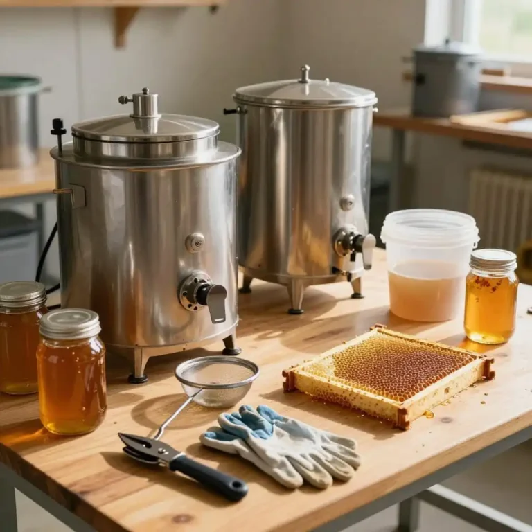 Ensemble du matériel nécessaire pour récolter le miel : extracteur, bac à désoperculer, maturateur, filtres et pots en verre.