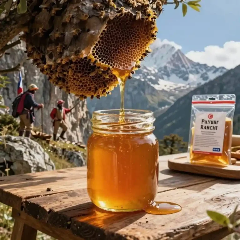 Miel fou du Népal dans un pot en verre avec paysage de l'Himalaya en arrière-plan