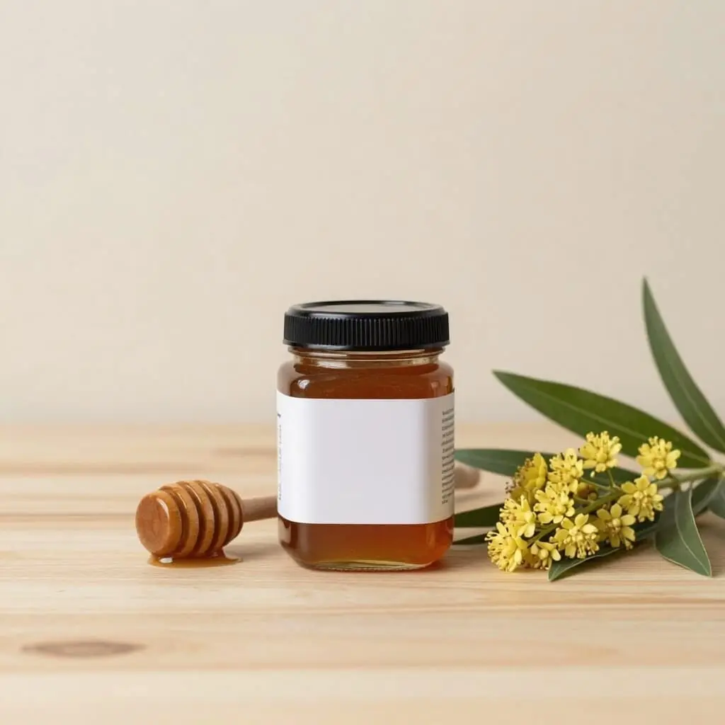 Pot de miel de manuka accompagné de fleurs de manuka illustrant les précautions d'utilisation