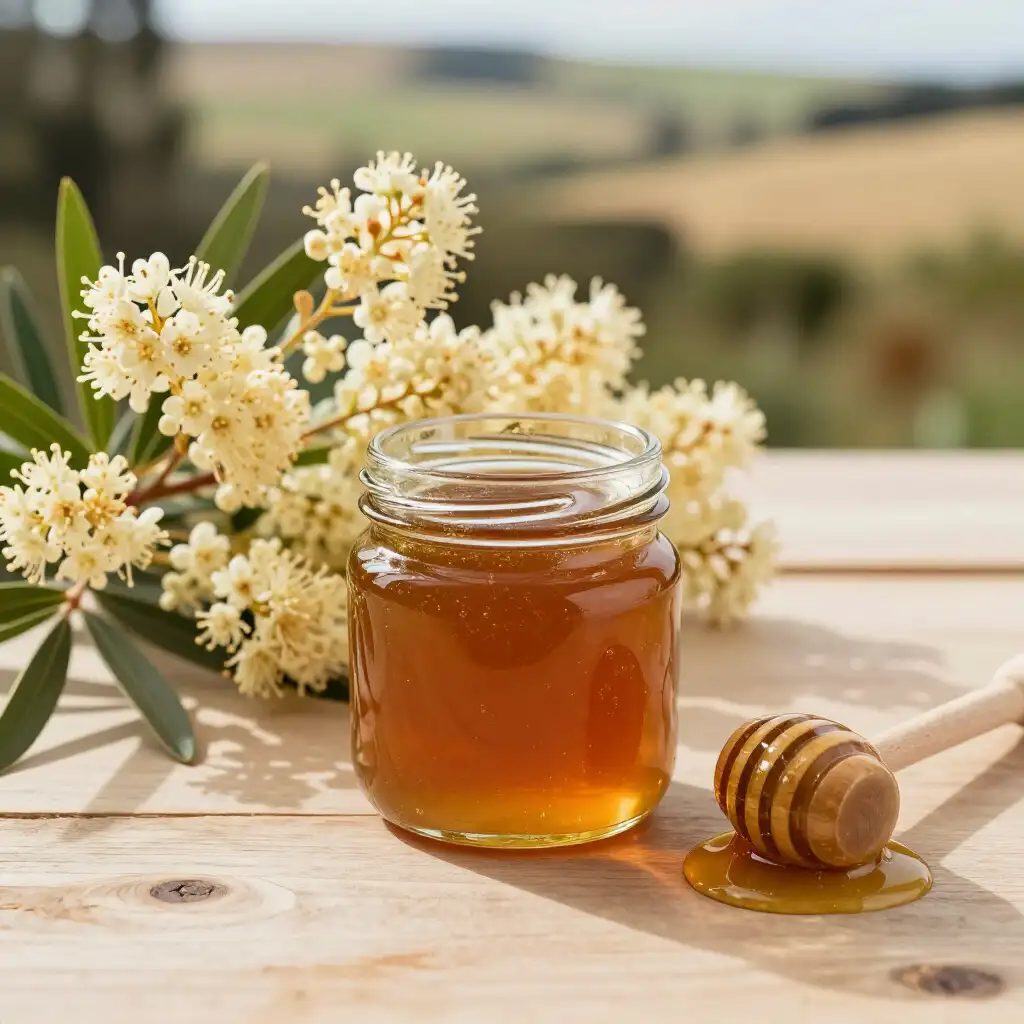 Pot de miel de manuka ambré accompagné d’une cuillère à miel et de fleurs blanches de manuka, évoquant l’origine néo-zélandaise de ce miel.