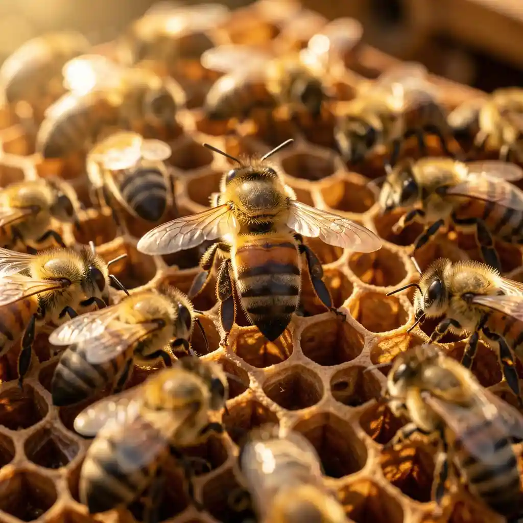 Reine abeille entourée de ses ouvrières dans la zone de couvain.
