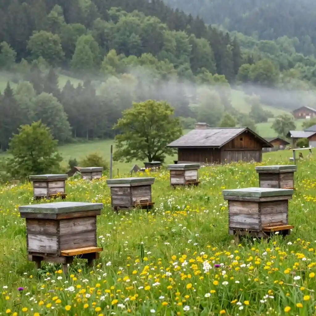 Rucher traditionnel installé dans un paysage naturel du Jura.