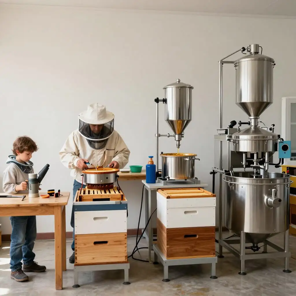 Évolution du matériel de récolte en apiculture selon le niveau d’expérience : débutant, confirmé, petite exploitation professionnelle et production spécialisée de miel.