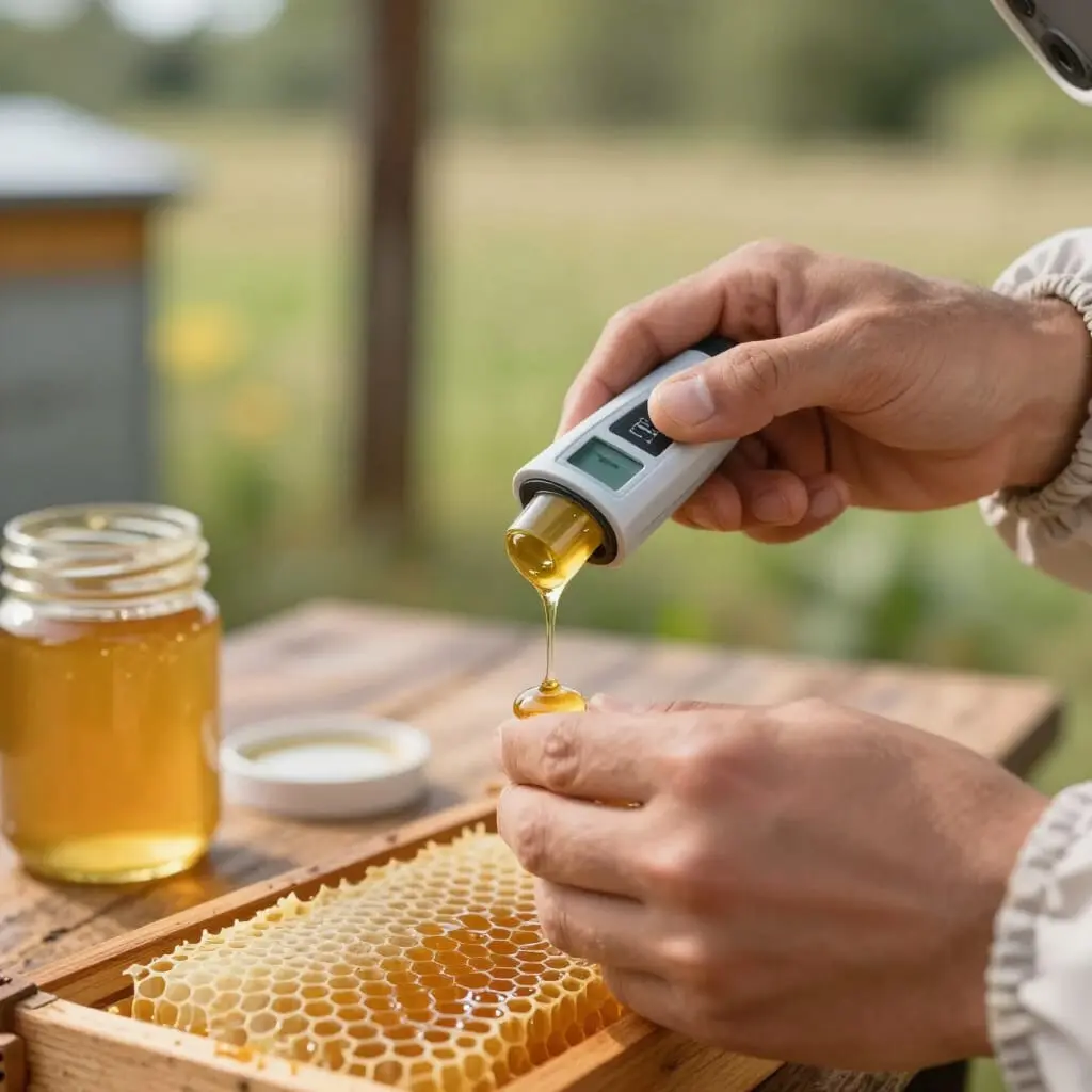 Apiculteur contrôlant le taux d'humidité du miel fraîchement récolté avec un réfractomètre