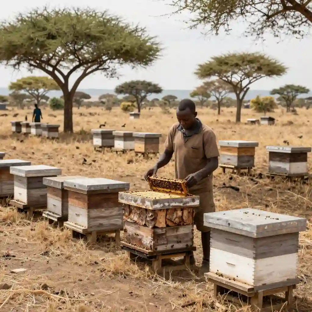 Apiculteur kényan inspectant des ruches dans la savane africaine