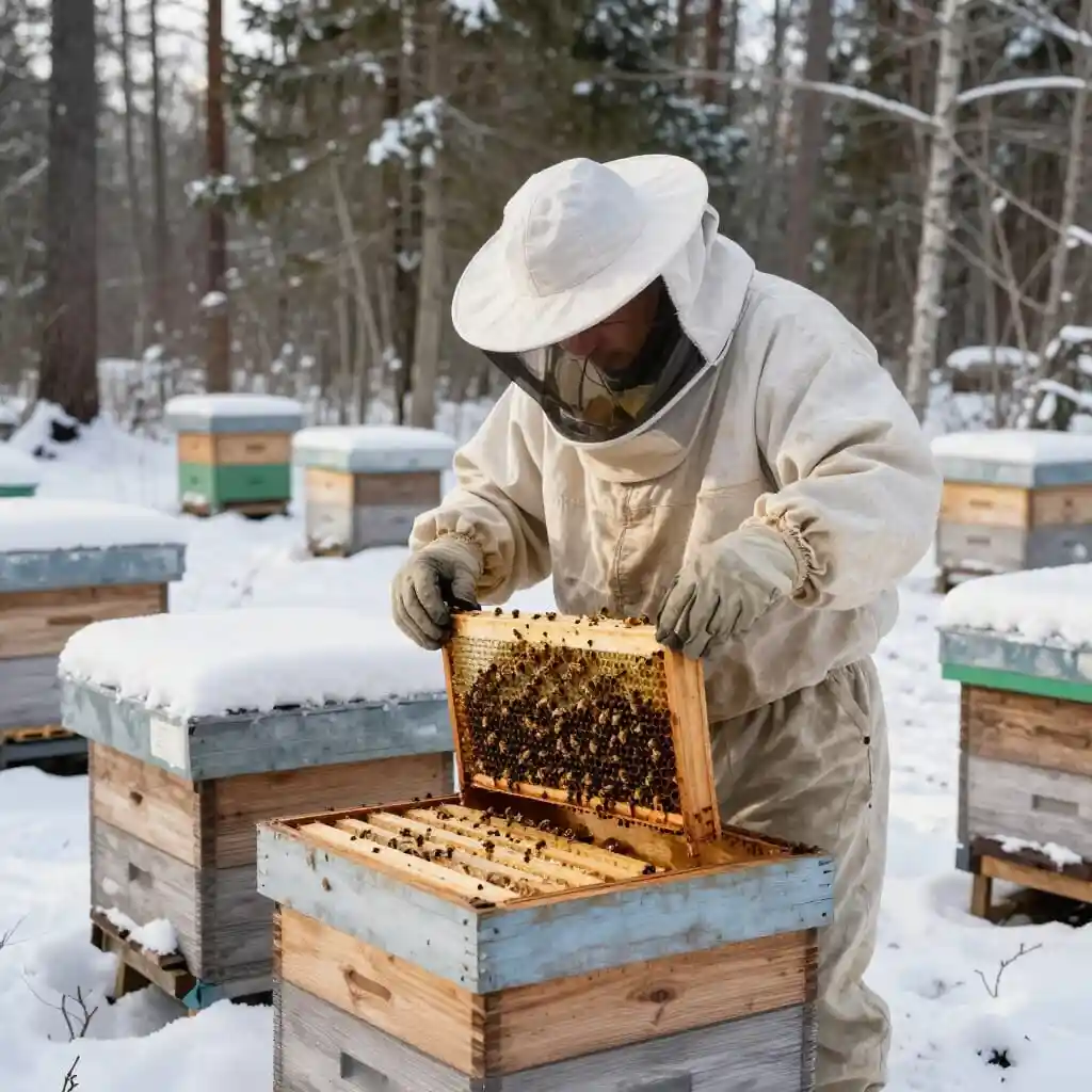 Apiculteur québécois protégeant ses ruches contre le froid hivernal